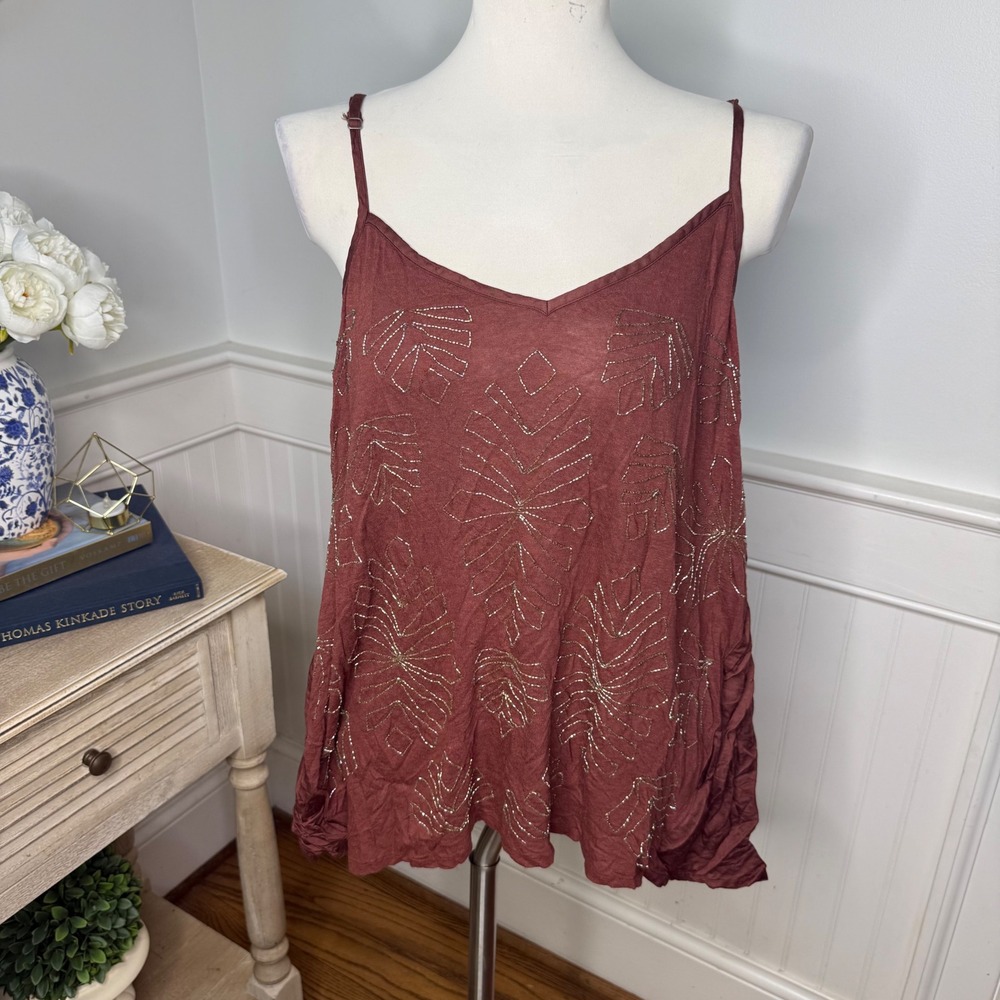 Anthropologie Beaded Camisole Top Burgundy Mauve‎ Geometric XL Adjustable Straps